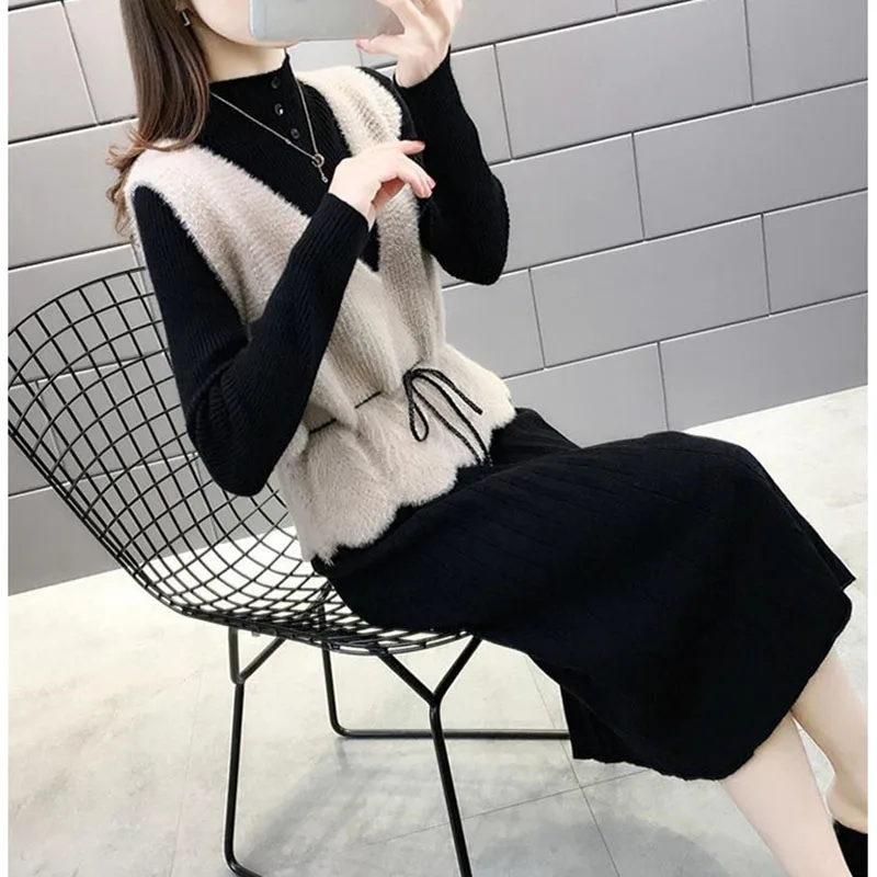 

Women's Sweater Dress Two Piece Set 2020 Autumn Winter New Sweater Vest And Knitted Dress Set Ladies Elegant Sweater Suit H103
