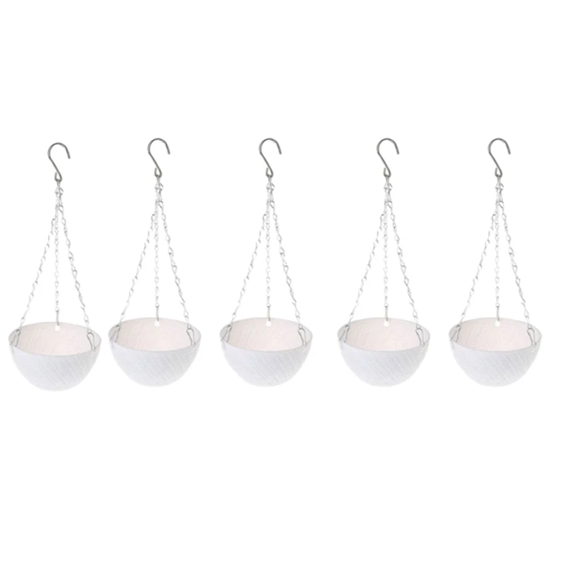 

5Pcs Round Plastic Hanging Basket Flower Pot 16X10cm Garden Plant Chain Planter Decoration Hanging Flower Pots(White)