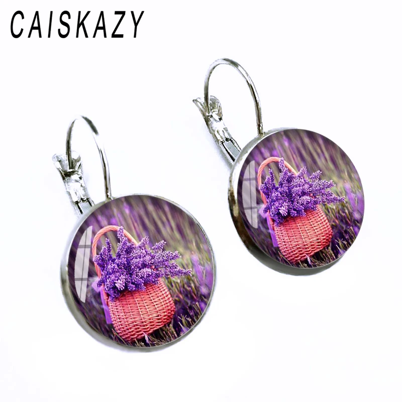 Женские серьги-гвоздики с кабошонами красивые Лавандовые стеклянные серьги