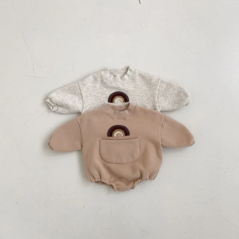 2021 New Winter Baby Rainbow Bodysuit Plus Velvet Thick Infant Long Sleeve Rainbow Clothes Newborn Toddler Big Pocket Jumpsuit