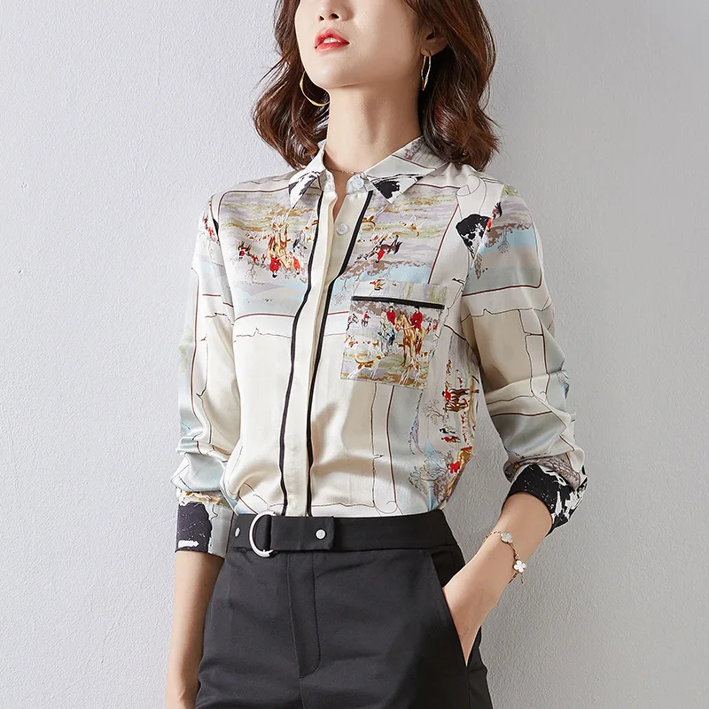 2019 блузка рубашка женская одежда с принтом из натурального шелка длинным рукавом