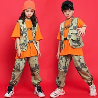kid kpop hip hop clothing camo sleeveless jacket top streetwear military tactical cargo pants for girl boy dance costume clothes