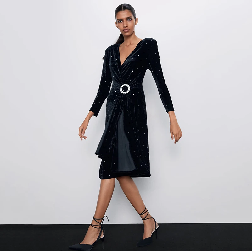 2019 ZA осеннее Новое Женское вельветовое платье модное с длинными рукавами и v
