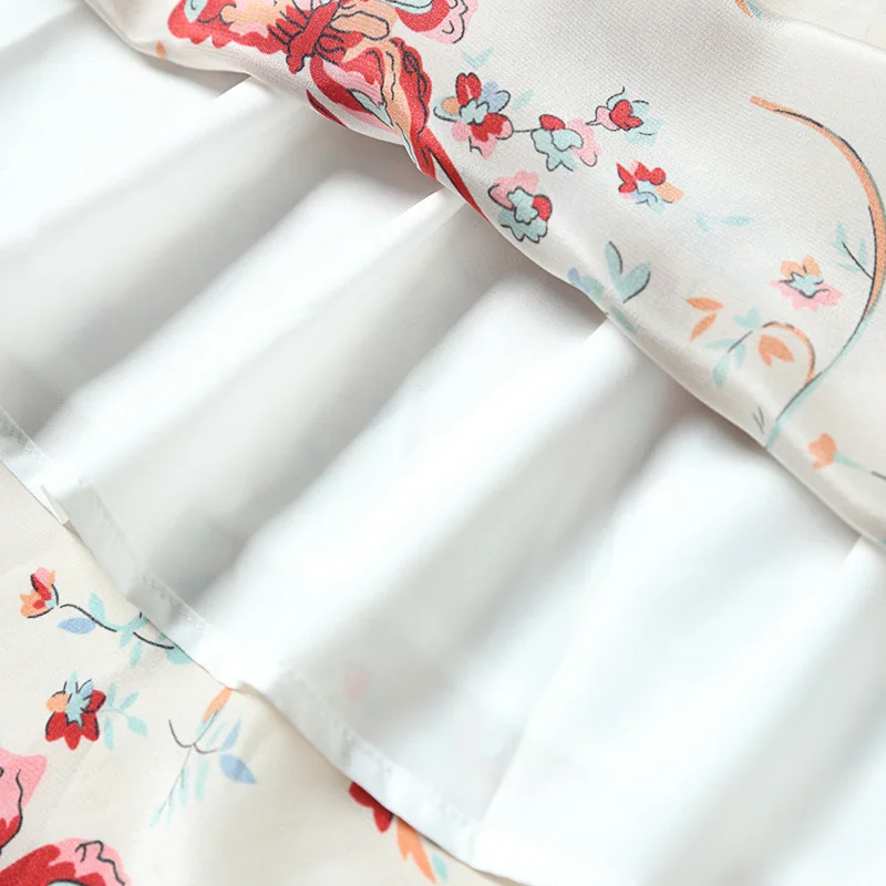 

Summer Dress 100% Silk 2021 New V-Neck Lace-up Belt Short Sleeves Pullover Side Zipper A-Line Print Dress Midi Natural Waist