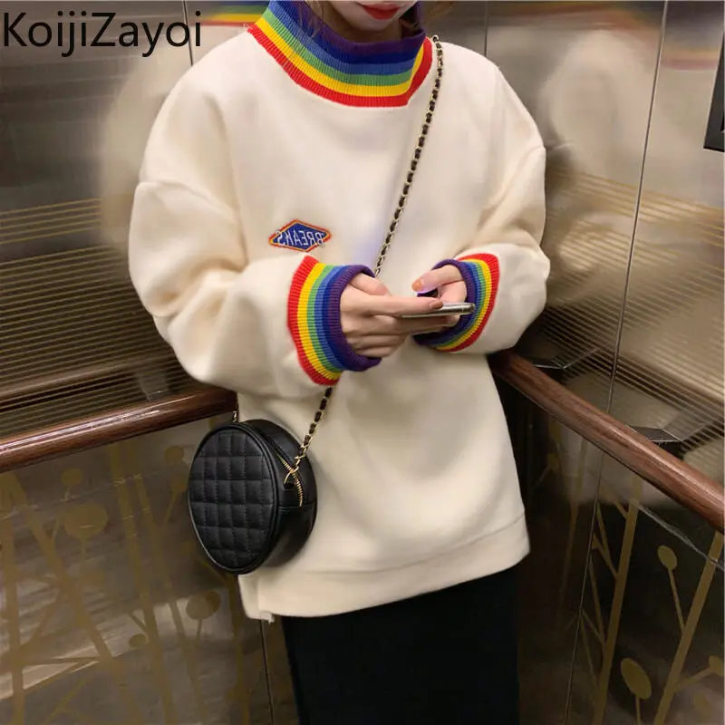 

Koijizayoi Autumn Winter Rainbow Striped O Neck Hoodies Casual Loose Pullovers Fashion Students Thicken Warm Sweatshirt 2022