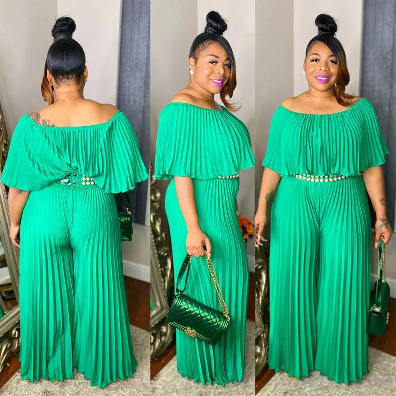 

Plus Size XL-5XL Casual Pleated Jumpsuits Jumpsuit For Women Slash Neck Loose Sexy Romper And Jumpsuit