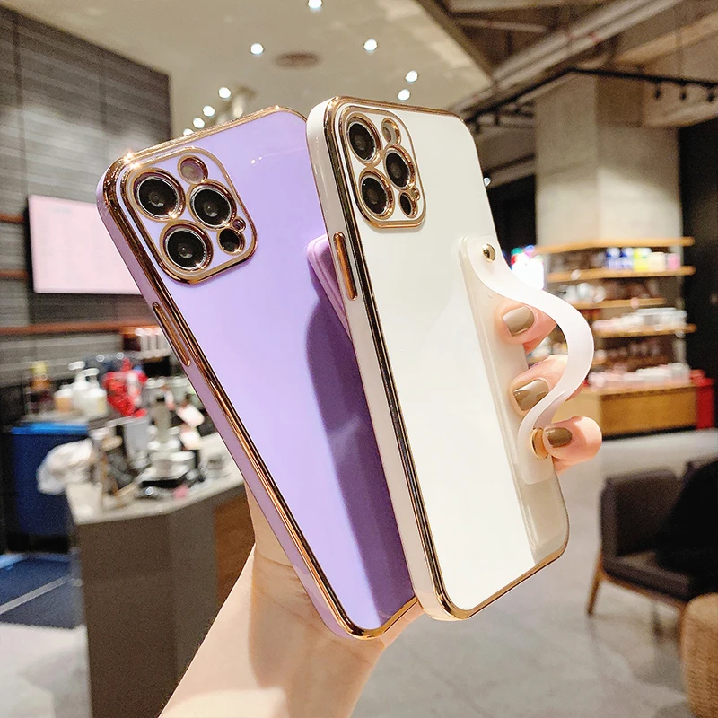 

Luxury Gold Plating Plain Case For iPhone 13 Pro Max 12 Mini 11 XR XS X 7 8 Plus SE 2020 Soft Silicone Wrist Strap Stand Cover