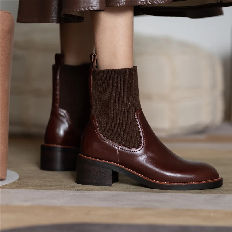 

Drestrive Women Ankle Boots Cow Leather Thick Heel Round Toe Patchwork New Arrival 2020 Winter Shoes Black Mid Heels Waxing