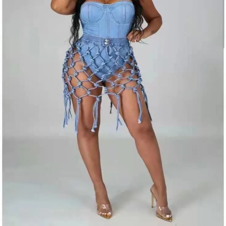 

Women Mesh Sexy Hollow Out Vacation Beach Outwear Summer 2021 Night Club Party Denim Skirt New Knotted Jeans Fashion Short Skirt
