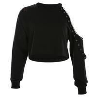 black round neck off shoulder hollow chain long sleeve sweater sweatshirt tops for women