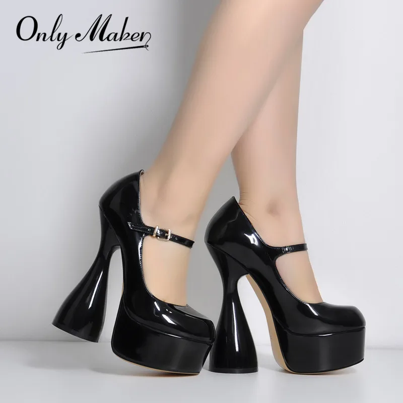 Onlymaker Women Pumps Platform Black Patent Leather Spike High Heels Slip-On Buckle Big Size Fashion Elegant Mary Jane Pumps