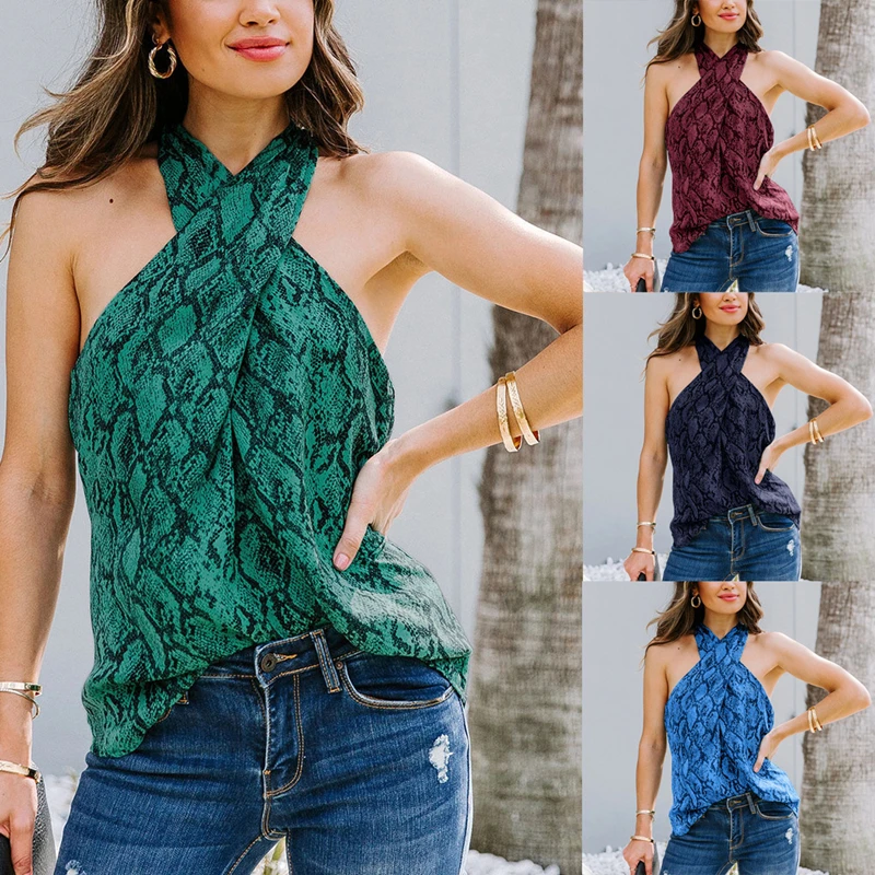 

2021 Fashion Casual Stylish Summer Women Tops Snake Print Sleeveless Off Shoulder Halter Cross Vest Ladies Fashionable Camisole