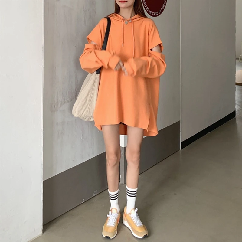 

Ladies Korean Loose Hooded Slit Sweater Women's Mid-Length One Size