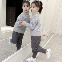 2021 new spring winter girl casual sweater childrens knitted kids turtleneck warm thicken stripe lining mink down high quality