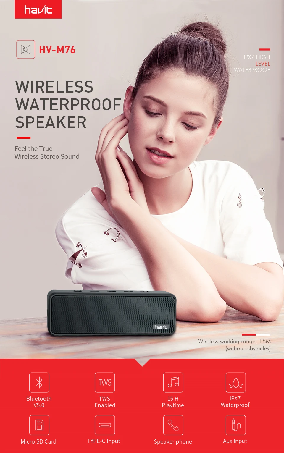 Havit M76 портативный Bluetooth беспроводной динамик лучший бас 15 ч Время воспроизведения 18 м Bluetooth Диапазон IPX7 Водонепроницаемость 16 Вт 3600 мАч