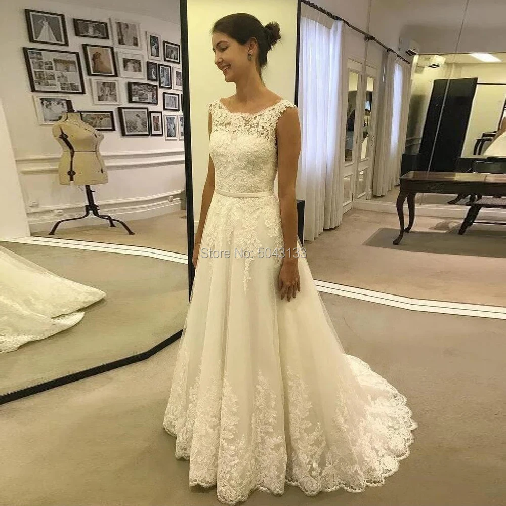 

Modest Lace Appliques Ivory Wedding Dresses with Belt Scoop Neck A Line Long Bridal Gowns vestido de Noiva Beach Bride Dress