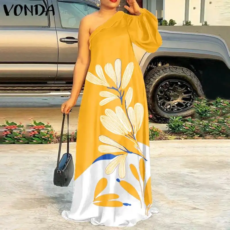 

Oversized Women Maxi Dress 2022 VONDA Autumn Pleated Long Shirt Sundress Sexy One Shoulder Printed Long Sleeve Party Vestidos