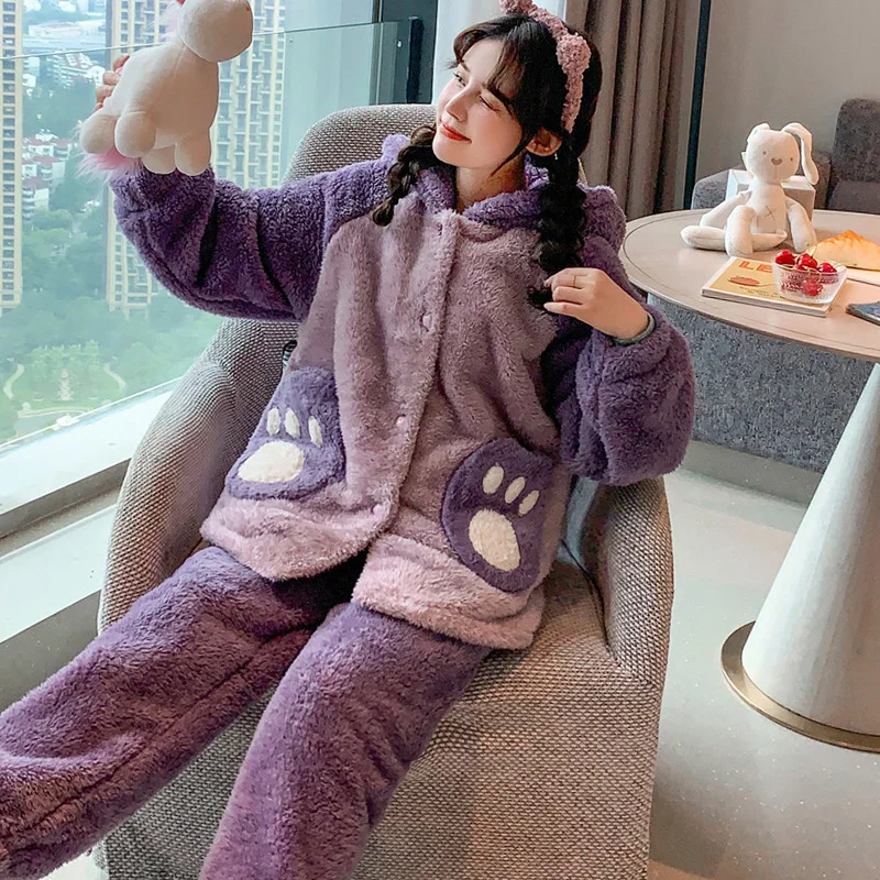 Winter Pajamas Plush Women Sleepwear Loose Version Pajama Set Inspissate Nightgown High Quality Packed Thicken Hooded женский