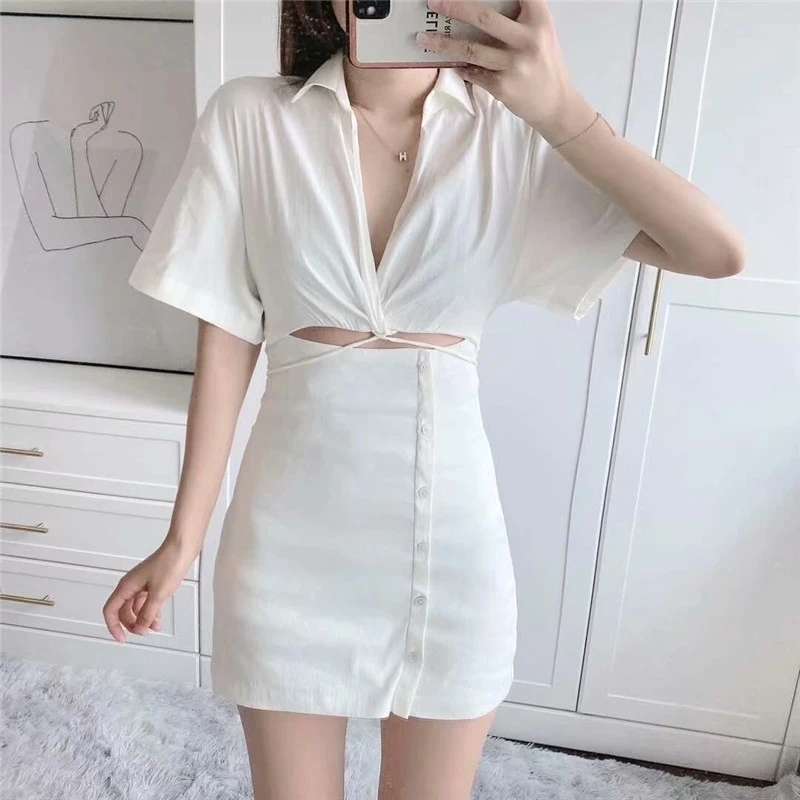 

Vintage Za Dress 2021 Women White Short Sleeve Cut Out Summer Dress Chic Side Zip False Button Up Woman Fit Mini Party Dresses