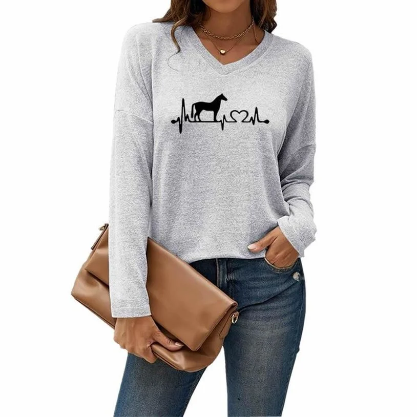 

Ew Fashion T-Shirt For Women Horse Heartbeat Print Bat Sleeve V-Neck Loose Pullover T-Shirt Famale Top Harajuku Tops Punk Plus