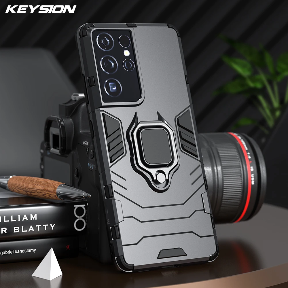 

KEYSION Shockproof Armor Case for Samsung S21 Ultra S21+ Plus 5G Ring Stand Silicone Phone Back Cover for Galaxy S21 S20 FE S10+