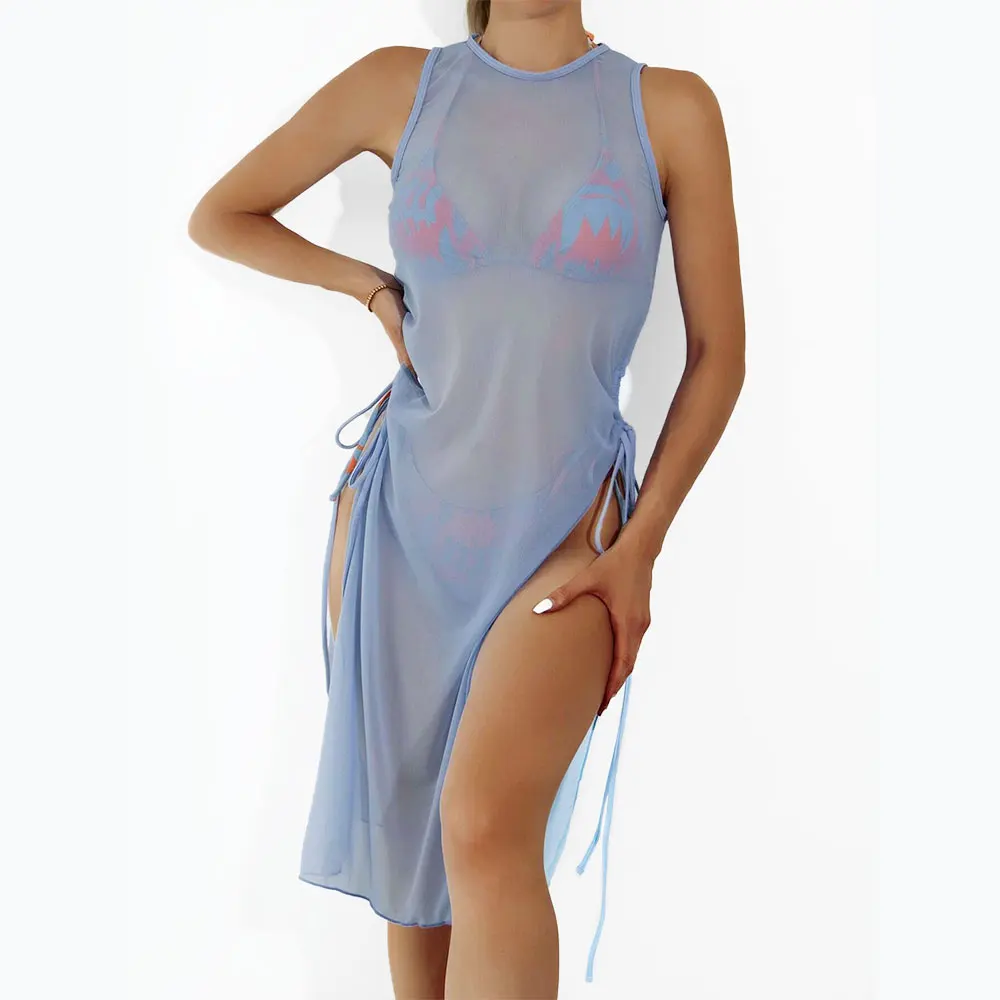 Women's Halter Triangle Bikini Bathing Suit with Sheer Mesh Drawstring Split Side Cover Up 3 Piece Swimsuits Beachwear Swimwear