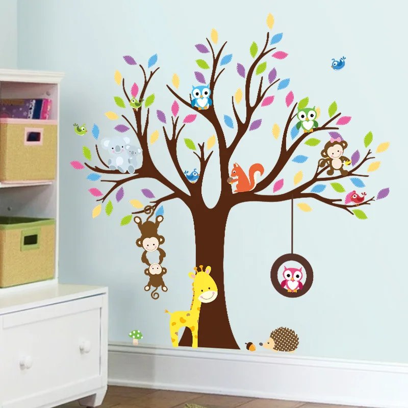 

Forest Tree Branch Leaf Animal Cartoon Owl Monkey Bear Deer Wall Stickers for Kids Rooms Boys Girls Children Bedroom Home Decor