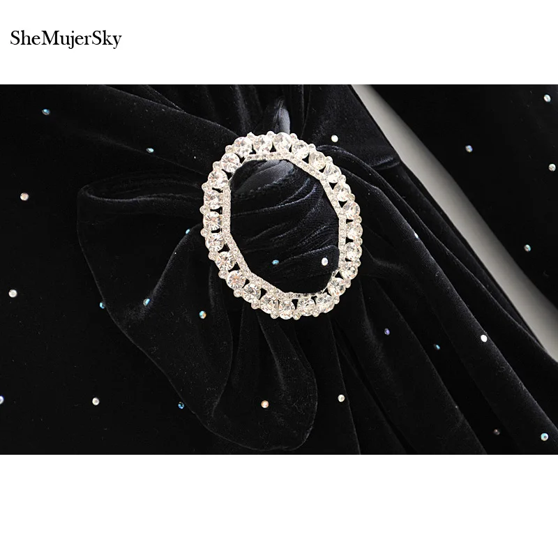 Осеннее черное бархатное платье SheMujerSky с запахом и V образным вырезом Серебряное