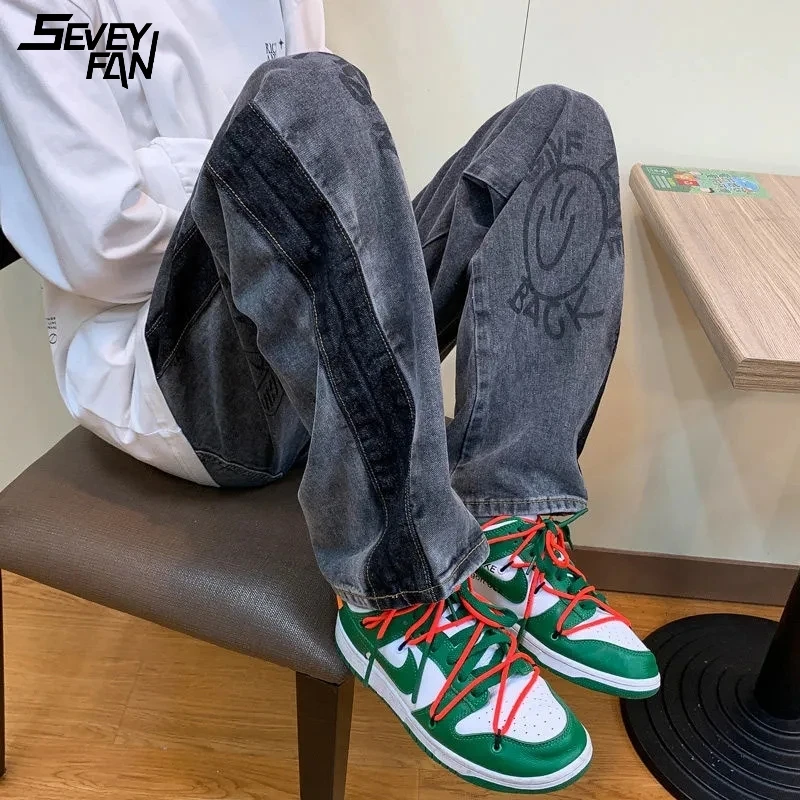 

Hip Hop Baggy Blue Jeans Men Smile Face Graffiti Printed Fashion Streetwear Harajuku Jean Pants High Street Dancer Denim Pant