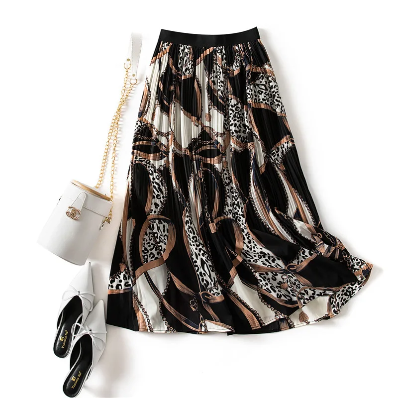 

Women's Print Pleated Midi Skirt Elastic High Waist A-Line Swing Skirts Summer 2020 Elegant Female Bottom Beach Party Skirts