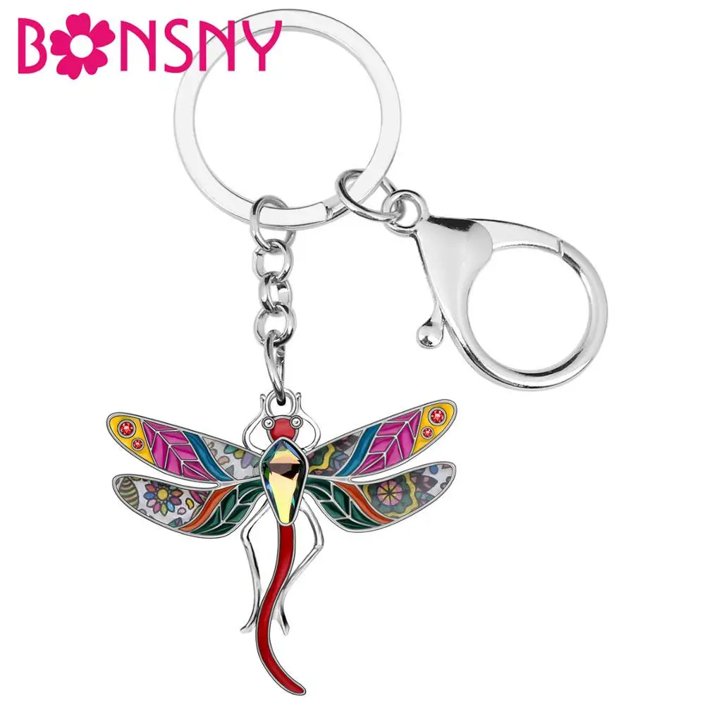Bonsny эмалевый сплав Стразы Цветочная Стрекоза брелки Кольцо Автомобильный