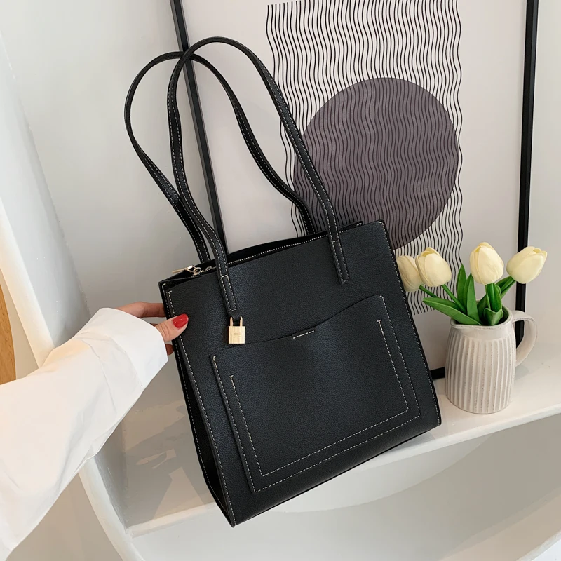 

Brand Luxury Women's Shoulder Bag PU Leather Handbag Design Lock Square Bag Fashion Pocket Large Capacity Tote Bag Female Purses