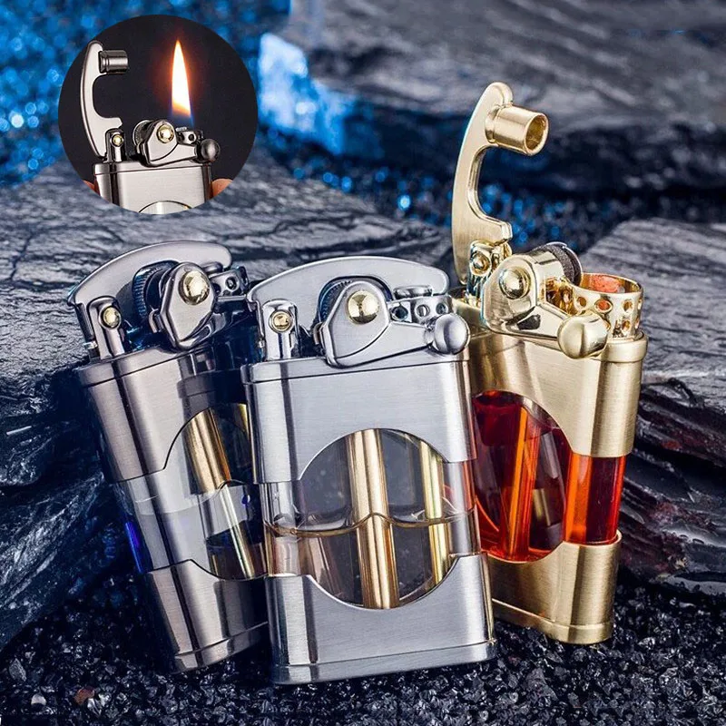 

Metal Kerosene Waterproof Lighter Transparent Fuel Tank Retro Creative Grinding Wheel Rocker Lighter Men's Gifts