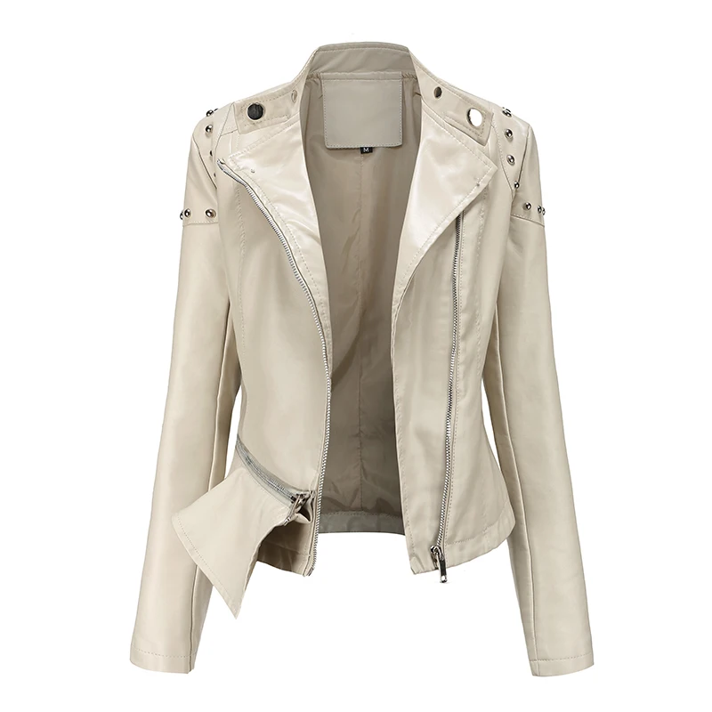 

New Winter PU Faux Leather Jacket Women's Clothes Long Sleeve Turndown Collar Rivet Female Casual Streetwear Motor Biker Jacket