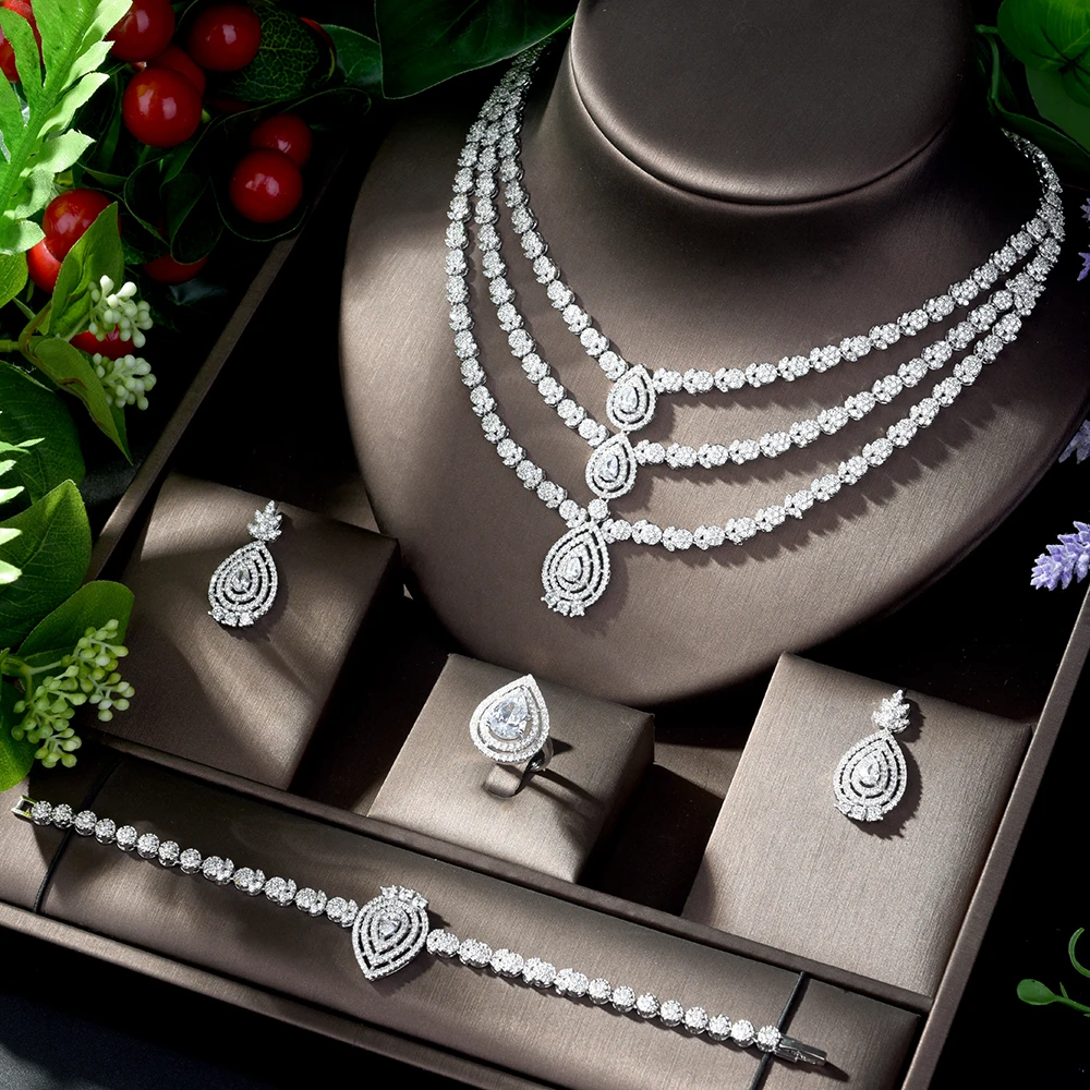 HIBRIDE Charming White Water Drop Dubai Jewelry Sets Wedding Necklace Earrings Sets for Women Bijoux Bijoux Mariage N-1222