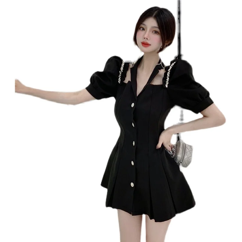 

COIGARSAM Women Dress Summer New Puff Sleeve High Waist Gray Black Dresses Traf Robe Vestidos