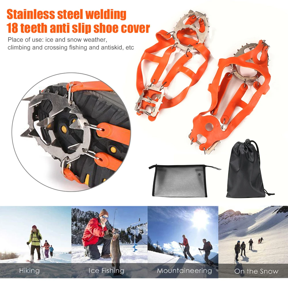 

1 пара шипов для захвата льда, 18 зубьев, стальные когти для снега, льда, для обуви, уличные Нескользящие походные скобы, ботинки, чехол, принад...