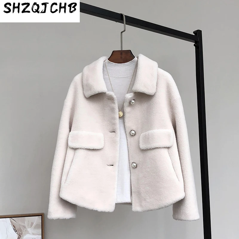 

SHZQ шерстяное пальто для стрижки овечьей шерсти, женское короткое молодежное меховое пальто с карманами, композитный мех