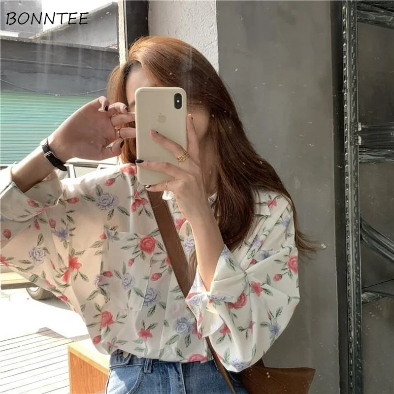 

Shirts Women Trendy Harajuku Students Daily Hot Sale Clothes Streetwear Spring All-match Leisure Pockets Floral Tops Ulzzang Ins
