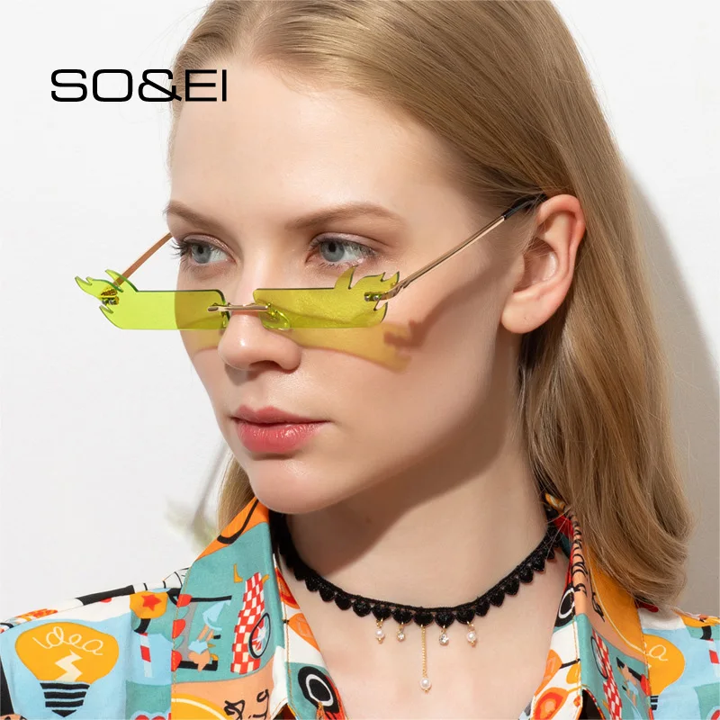 

SO&EI Fashion Rectangle Rimless Fire Flame Sunglasses Woman Ocean Lens Mirror Eyewear Vintage Female Luxury Sun Glasses Shades
