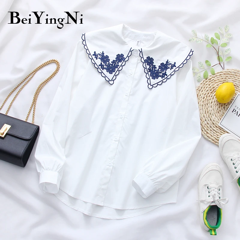Beiyingni китайский стиль Blusas Mujer белая Цветочная вышивка осенние женские блузки на