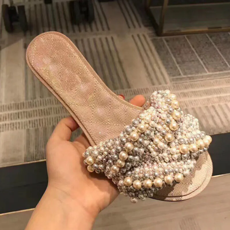 

Koovan Women's Slippers 2020 Summer New Trend Women Shoes Pearls Open Toe Flat-Bottomed Slippers Comfort Women's Shoe