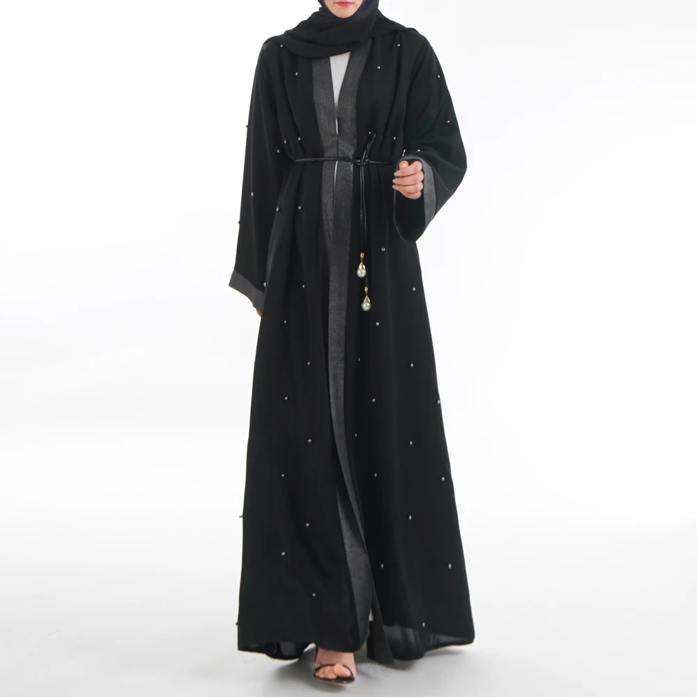 Женское платье с длинным рукавом abaya черное жемчугом и бусинами|Мусульманская