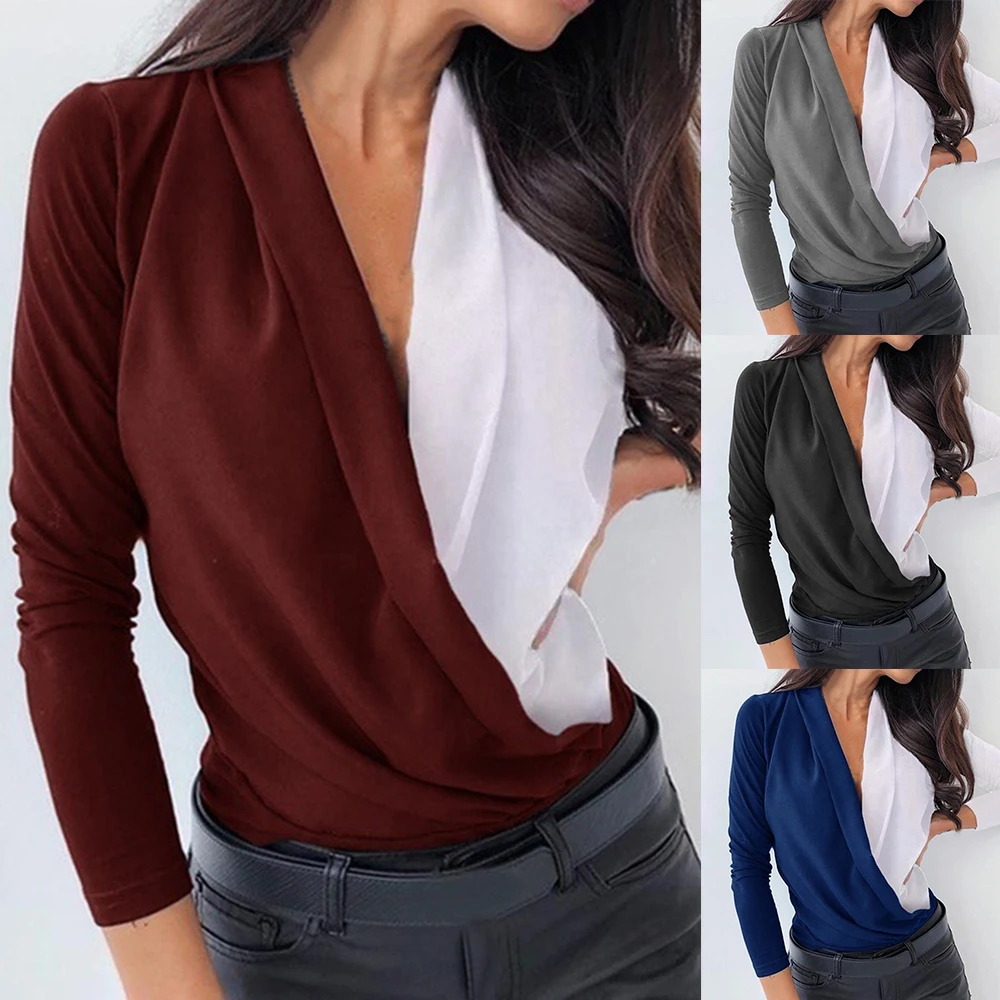 

Office Lady Sexy Ruched Blouses Shirts Women Spring Long Sleeve Pullovers Casual Color contract Print Shirts Tops