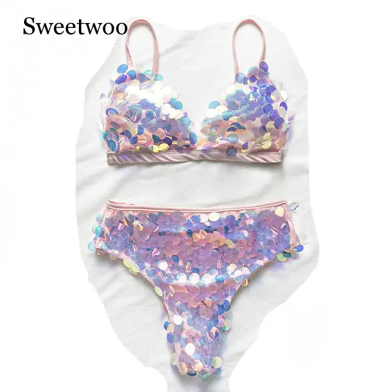 Розовое бикини с блестками 2020 сексуальный купальник высокой талией женский