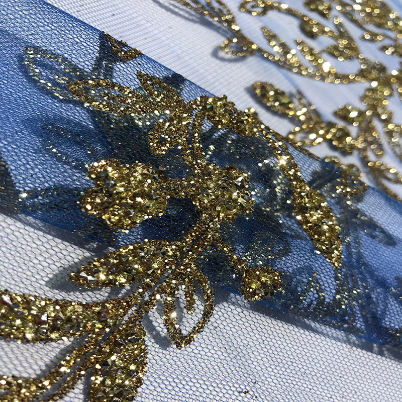 

Cyan Blue African Mesh Tulle Champagne Glitter Rhinestone Lace Fabric Shiny Bridal Dress Sewing Trimmings Evening Gown Material