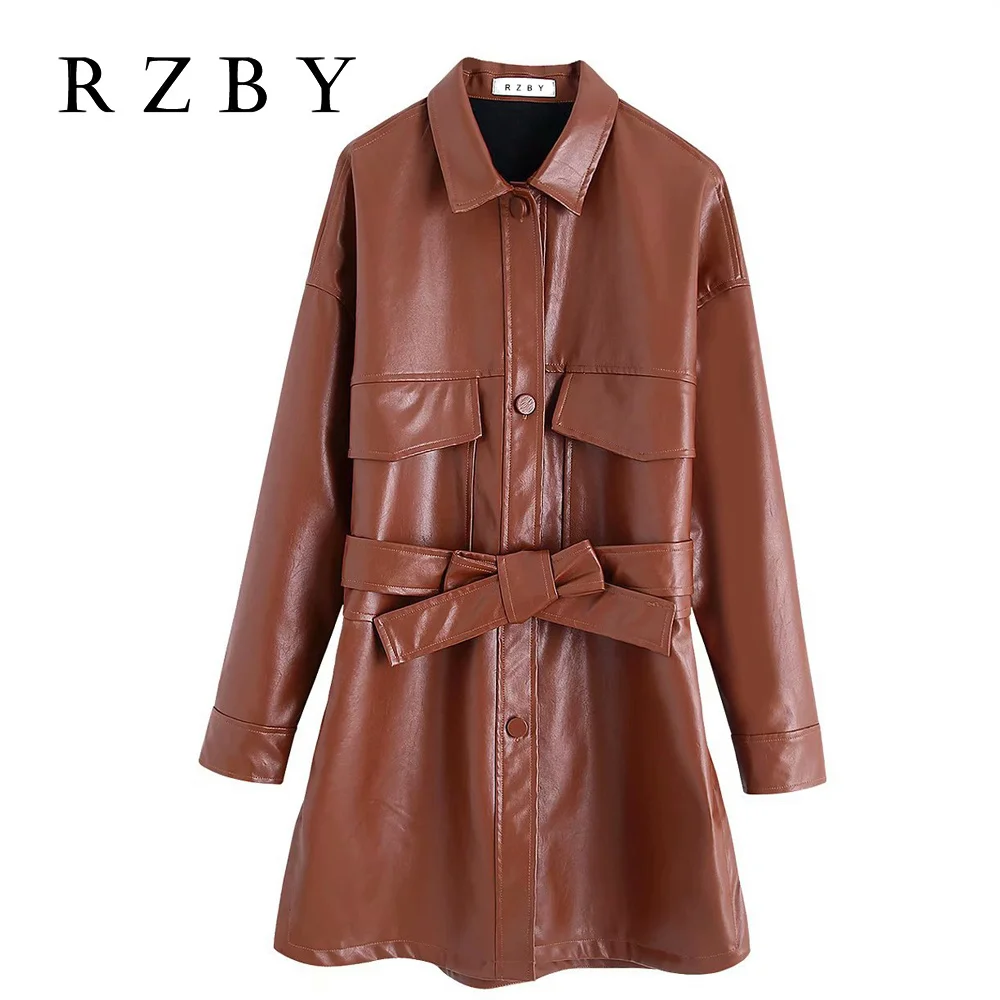 Женский Длинный тренчкот из искусственной кожи черный или коричневый с отложным