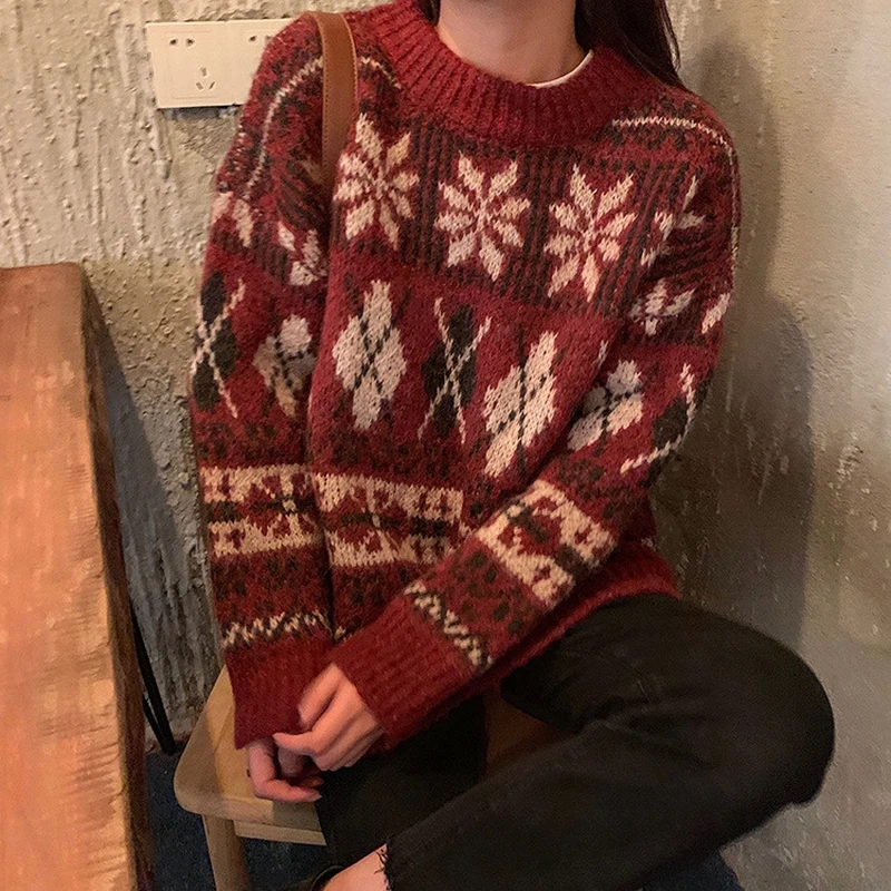 

Autumn and Winter Christmas Sweater Feminine Style Red Pattern Retro Turtleneck pullover thickened sweater loose undershirt