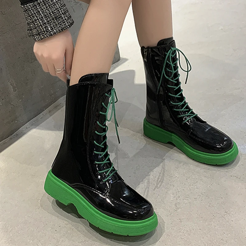 

Lace-up Women Boots 2021 New Winter Motorcycles Boots Pu Leather Shoes Mid Heels Pumps Boots Ankle Gladiator Fashion Boots Mujer