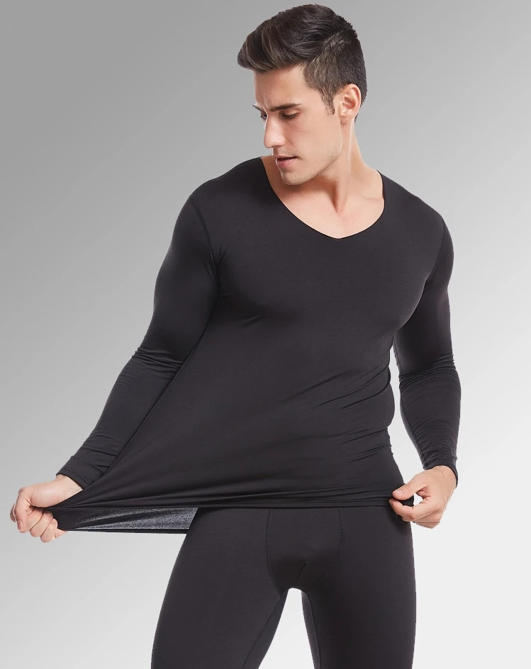 

Winter Warm Thermal underwear Set Fleece Long Sleeve t-shirt Slim Fit Gym Fitness elasticity Clothing V-neck bottoming